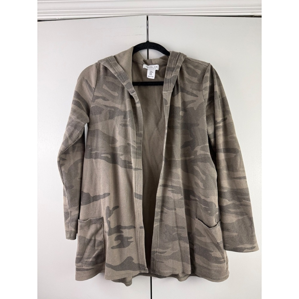 Rachel Zoe Camo Ribbed Cardigan Hoodie Open Front Distressed Lounge Med